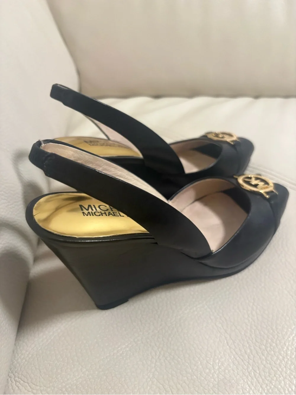 Michael Kors Black Leather Slingback Peep-Toe Heels with Gold MK Logo Size 5.5